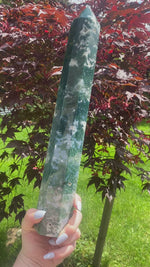Load and play video in Gallery viewer, XL Moss Agate Tower E (14” tall, 3.3 lbs)
