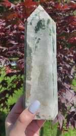 Load and play video in Gallery viewer, XL Druzy Moss Agate Tower G (8” tall, 2.99 lbs)
