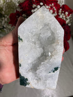 Load image into Gallery viewer, Druzy Large Moss Agate Tower (CC)
