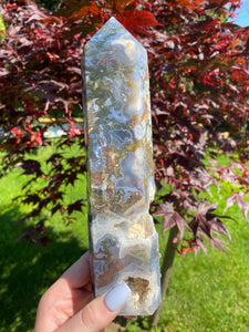 XL Druzy Moss Agate Tower F (9.5” tall, 2.6 lbs)