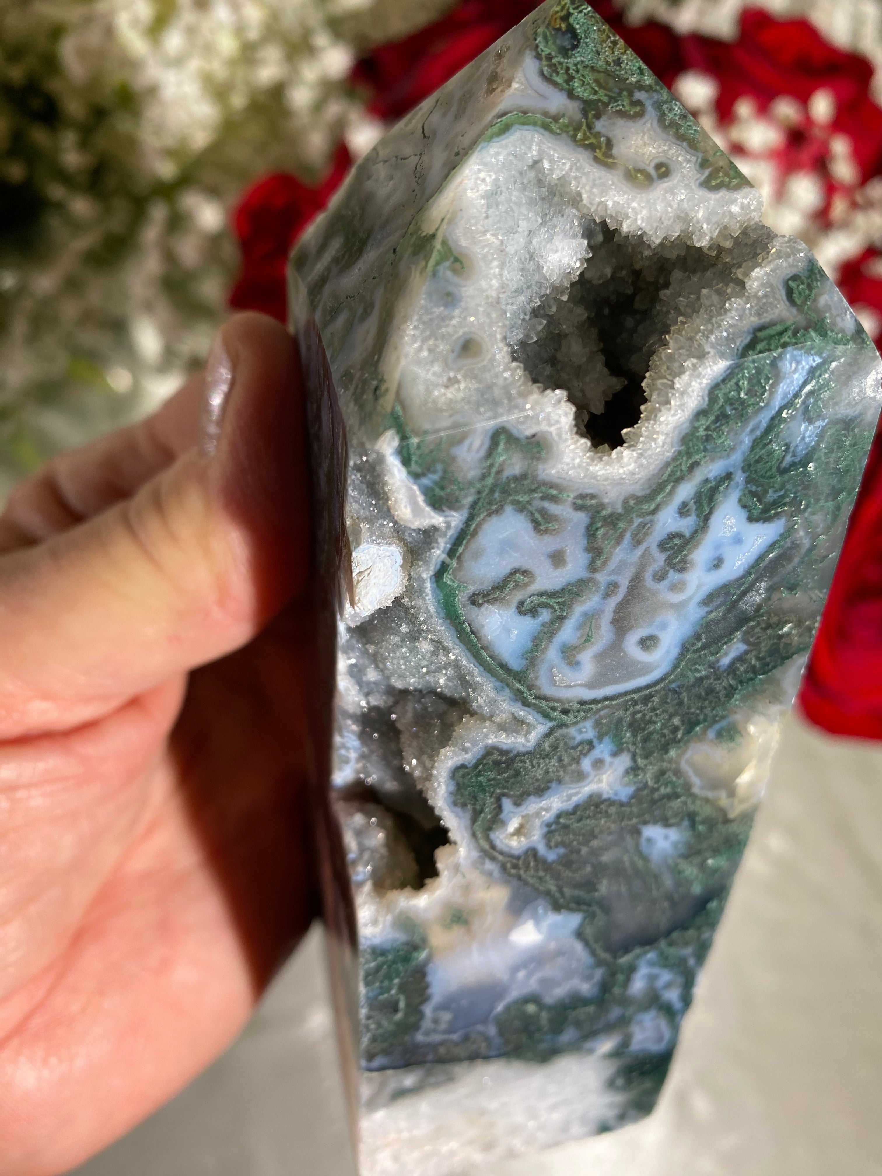 Druzy Large Moss Agate Tower (EE)