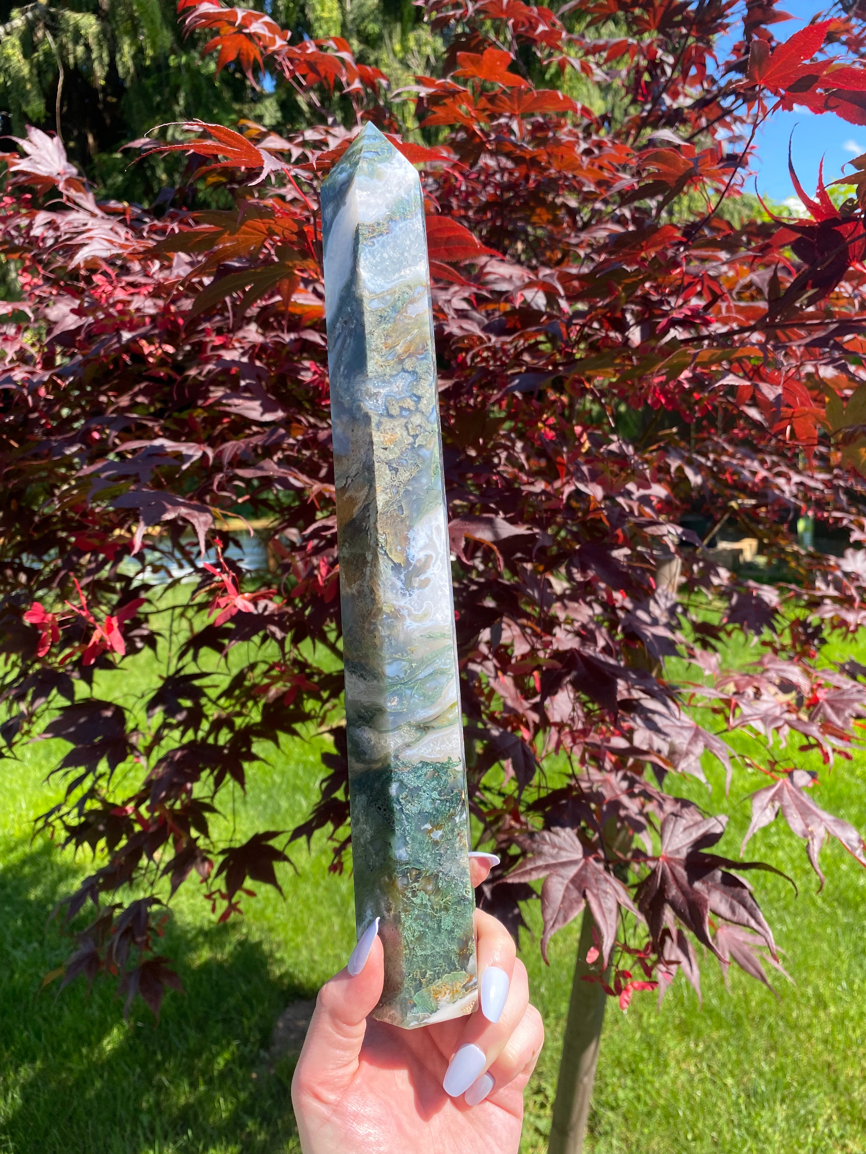 XL Druzy Moss Agate Tower A (13.5” tall, 2.8 lbs)