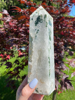 Load image into Gallery viewer, XL Druzy Moss Agate Tower G (8” tall, 2.99 lbs)
